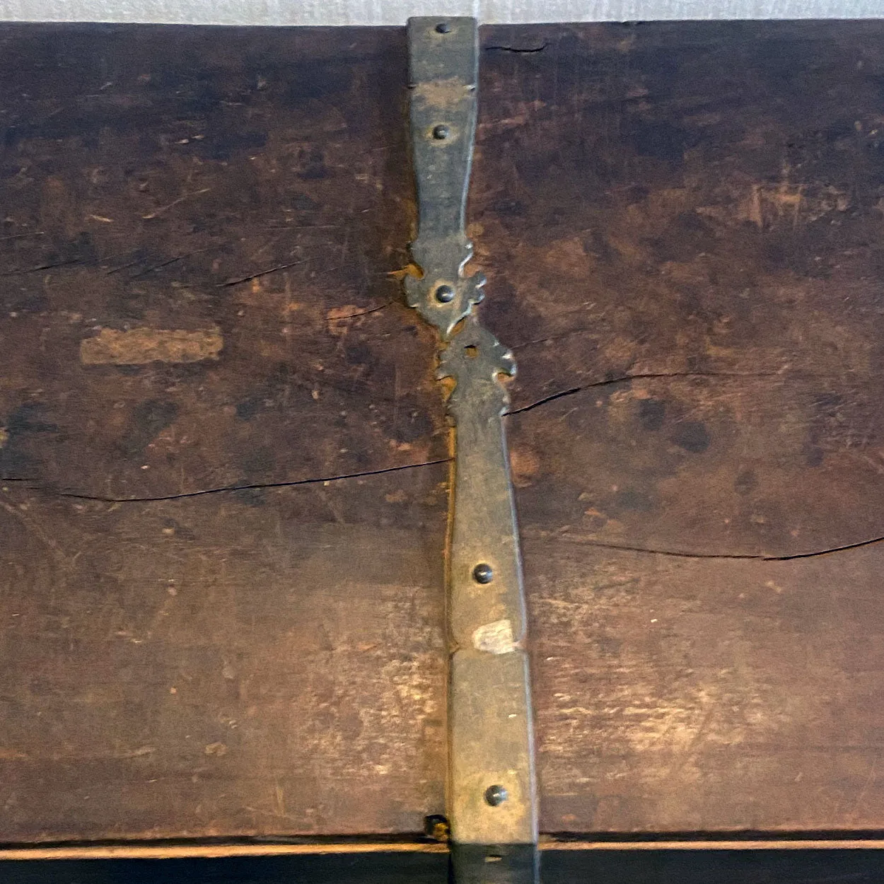Large Early Indo-Portuguese Iron Mounted Painted Teak Dome Top Trunk