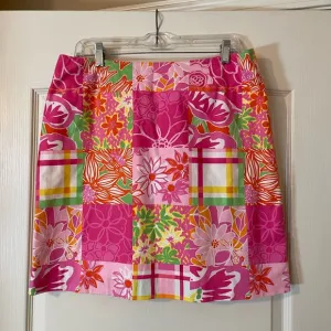 Lilly Pulitzer Pink Orange Cotton Blend Floral Patchwork Lined Skirt Size 12
