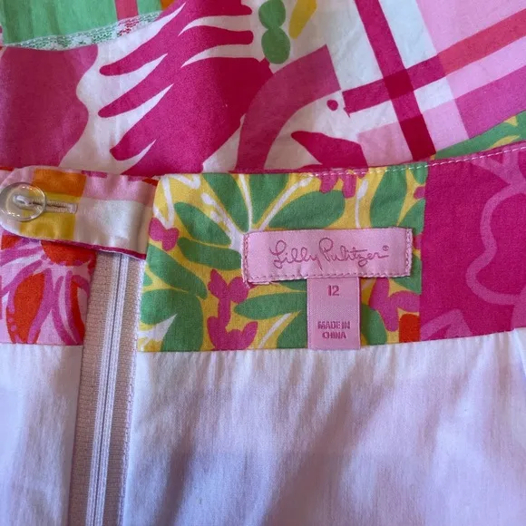 Lilly Pulitzer Pink Orange Cotton Blend Floral Patchwork Lined Skirt Size 12
