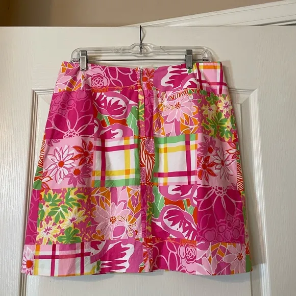 Lilly Pulitzer Pink Orange Cotton Blend Floral Patchwork Lined Skirt Size 12