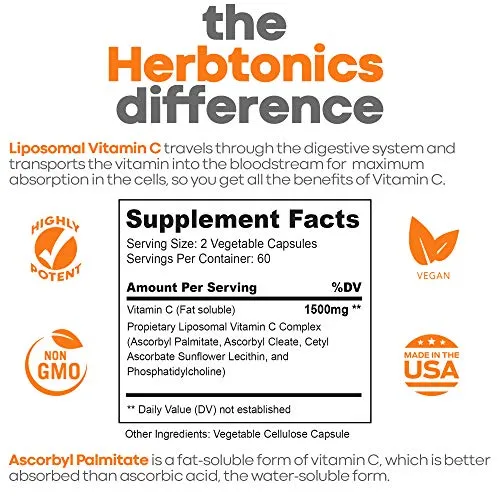 Liposomal Vitamina C Cápsulas de 1500 mg de apoyo inmunológico y sistema inmunológico para la salud, alta absorción de vitamina C y suplemento de colágeno - 120 cápsulas veganas sin OMG, fabricado en los Estados Unidos