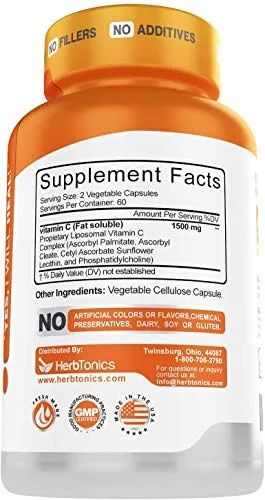 Liposomal Vitamina C Cápsulas de 1500 mg de apoyo inmunológico y sistema inmunológico para la salud, alta absorción de vitamina C y suplemento de colágeno - 120 cápsulas veganas sin OMG, fabricado en los Estados Unidos