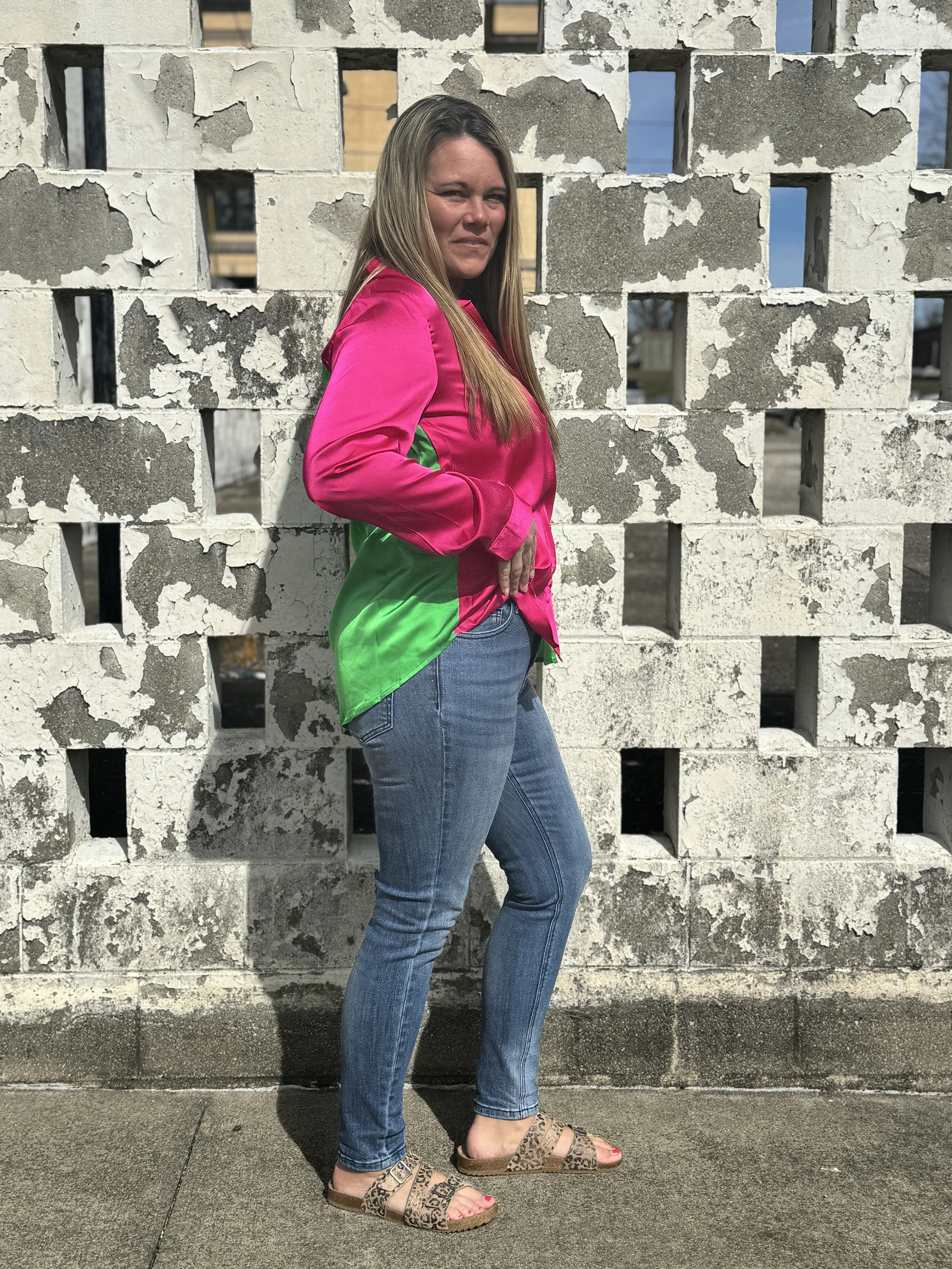 Medium Watermelon Color Button Up Top