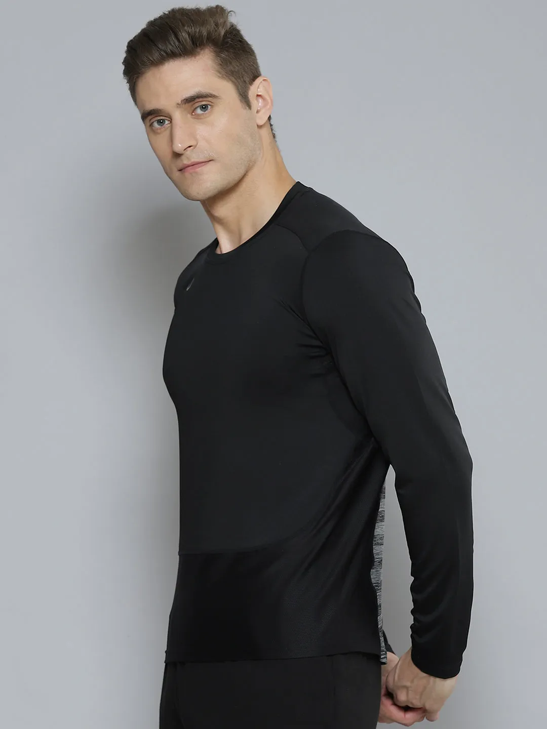 Men Black & Grey Striped Anti Odour Gym T-shirt