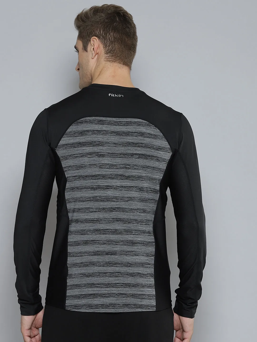 Men Black & Grey Striped Anti Odour Gym T-shirt