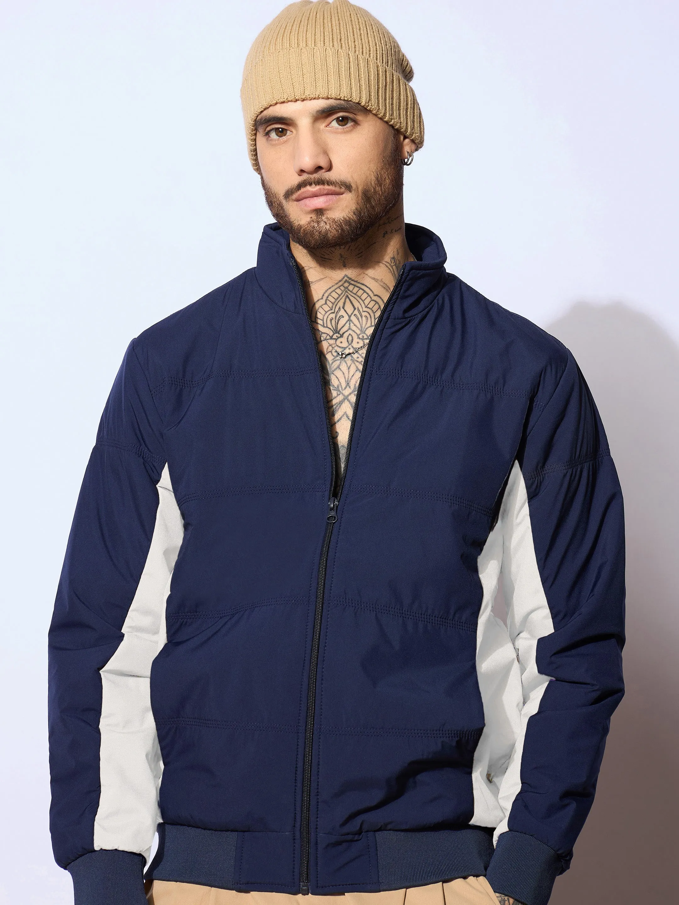 Men Navy & White Color Block Biker Jacket