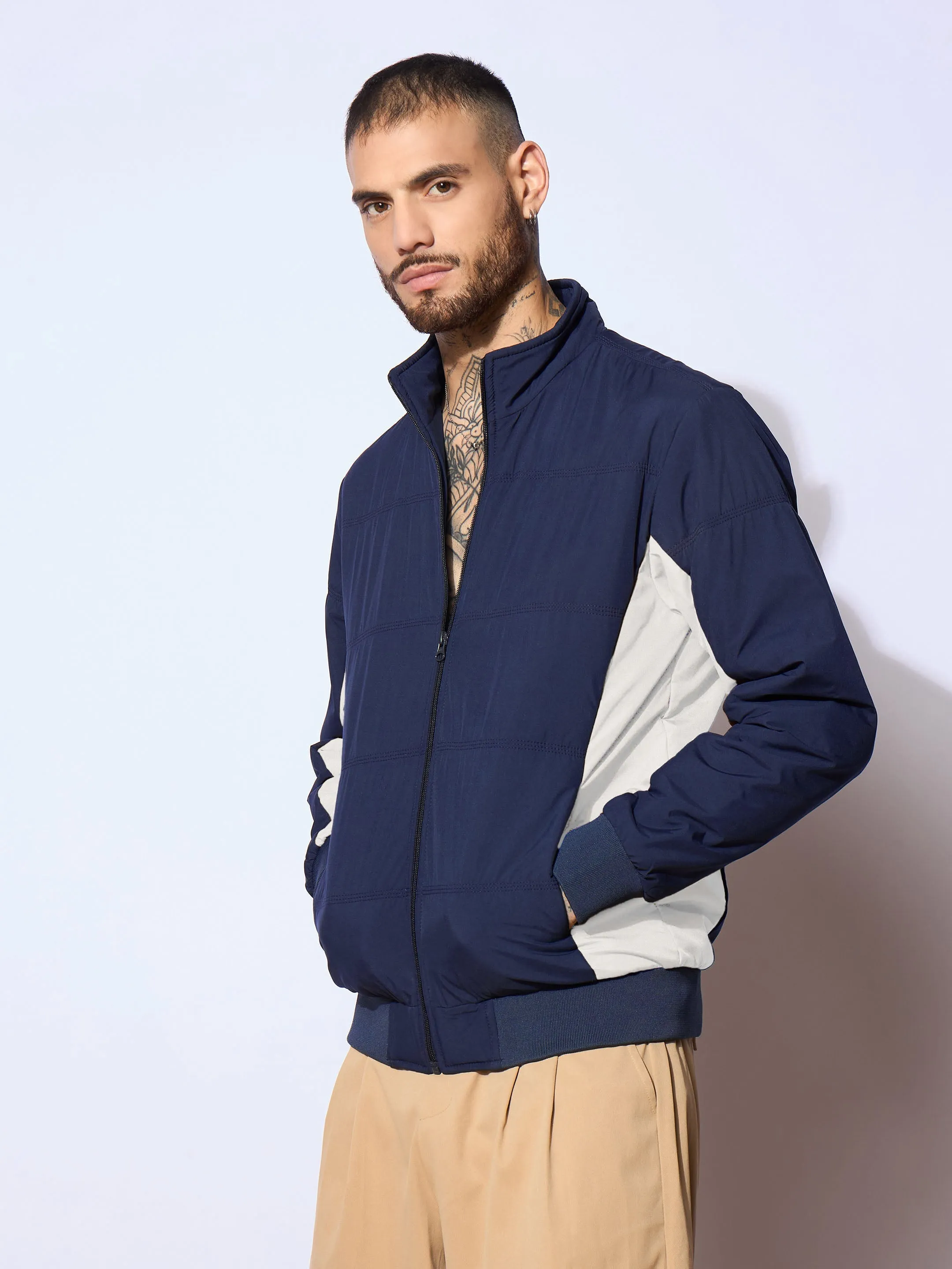 Men Navy & White Color Block Biker Jacket