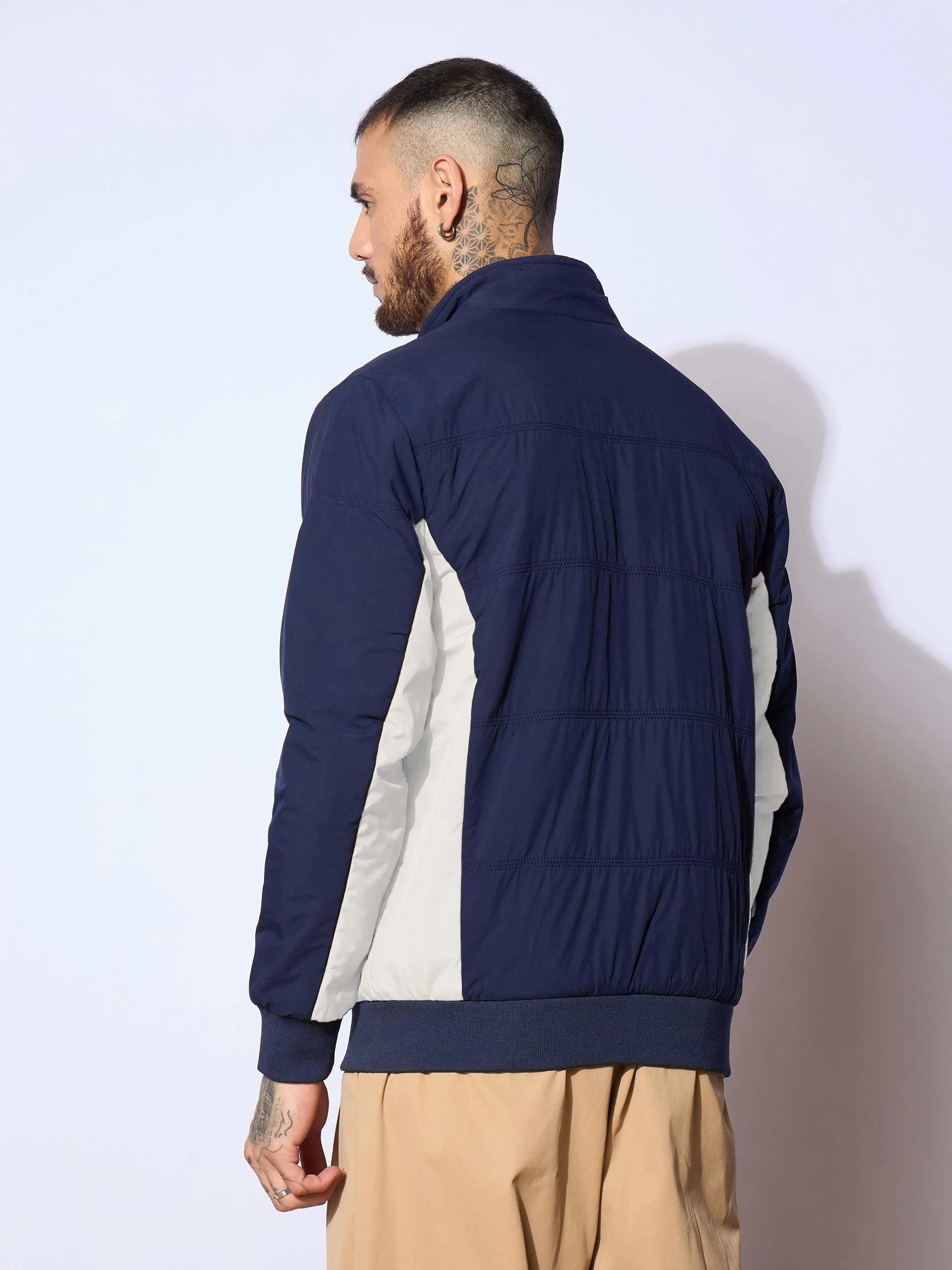 Men Navy & White Color Block Biker Jacket