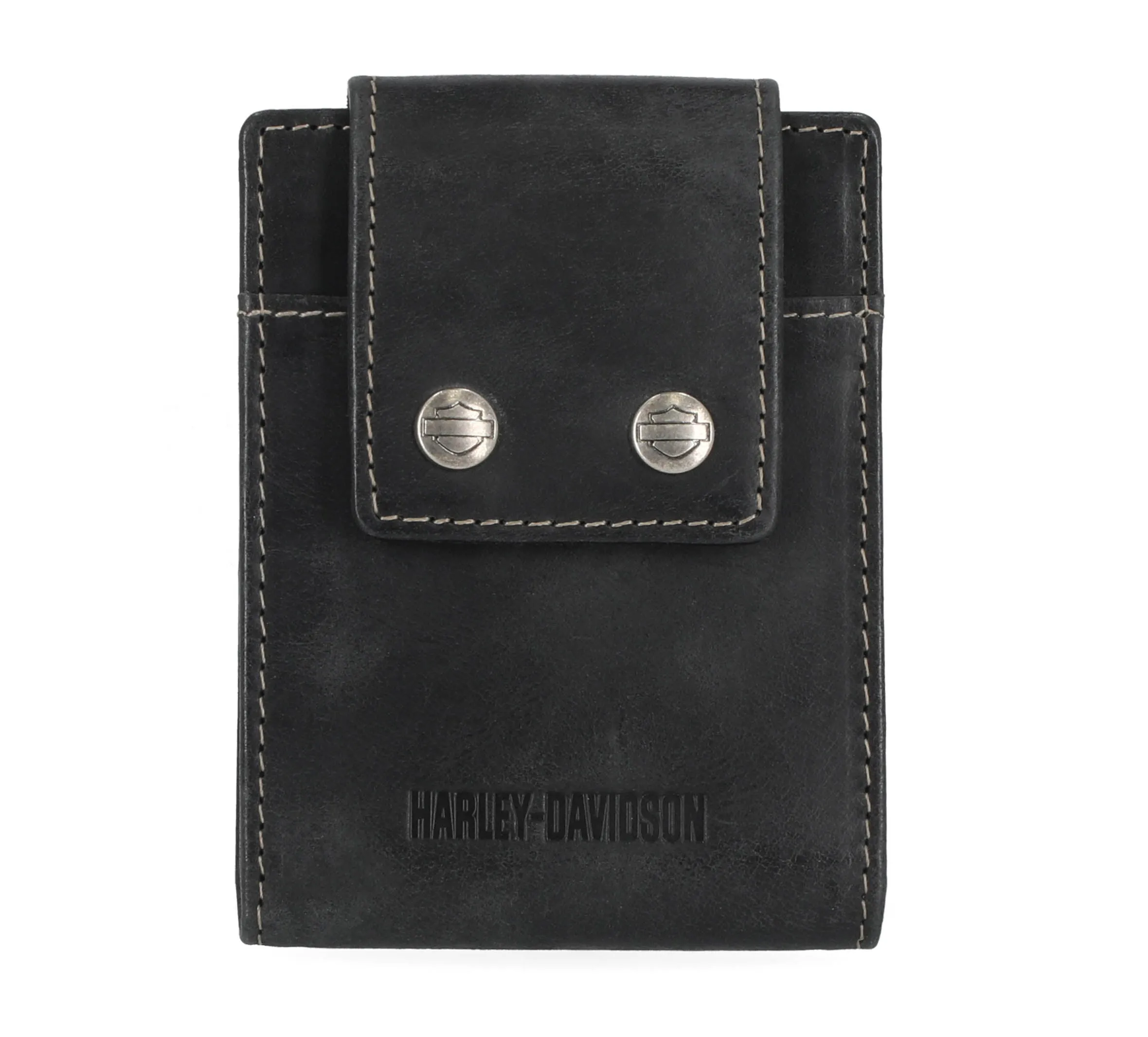 Men's Smooth Grain Snap Front Pocket Bifold Leather Black Wallet - Black