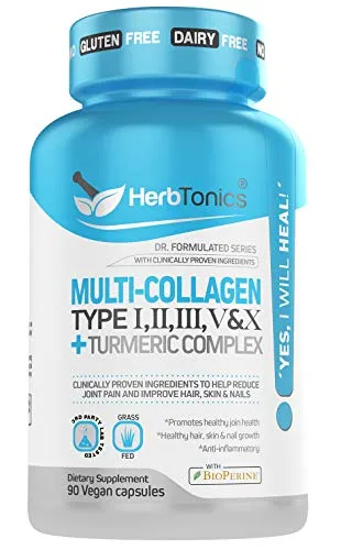 Multi Collagen Pills   Turmeric Curcumin Complex Capsules - Type I, II, III, V &amp; X Ultimate Joint Pain, Skin Enhancing for Women and Men 90 Vegan
