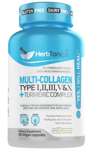 Multi Collagen Pills   Turmeric Curcumin Complex Capsules - Type I, II, III, V &amp; X Ultimate Joint Pain, Skin Enhancing for Women and Men 90 Vegan