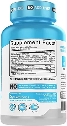 Multi Collagen Pills   Turmeric Curcumin Complex Capsules - Type I, II, III, V &amp; X Ultimate Joint Pain, Skin Enhancing for Women and Men 90 Vegan