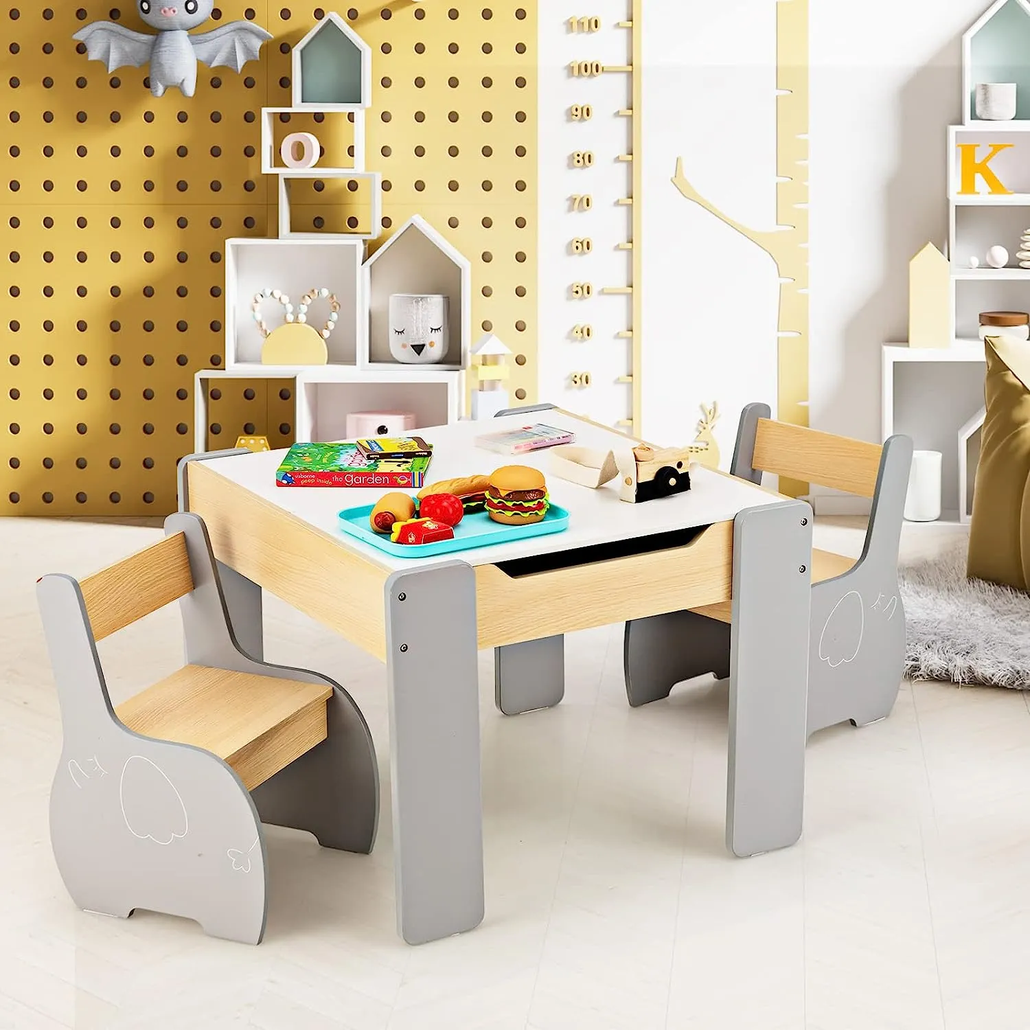 Multifunctional Elephant Kids Table and 2 Chairs Set | Reversible Blackboard Tabletop | Storage
