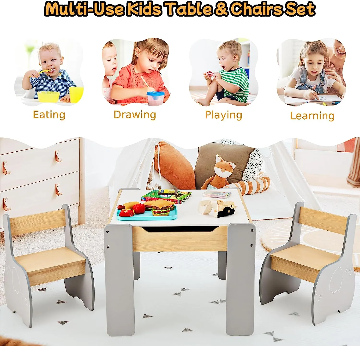Multifunctional Elephant Kids Table and 2 Chairs Set | Reversible Blackboard Tabletop | Storage