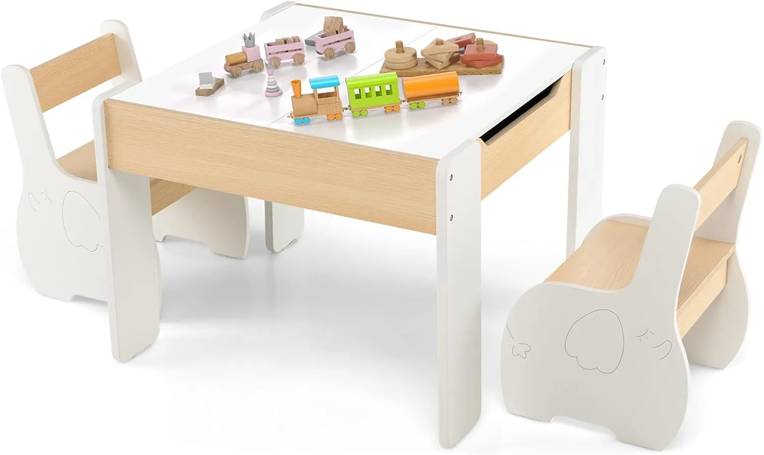 Multifunctional Elephant Kids Table and 2 Chairs Set | Reversible Blackboard Tabletop | Storage