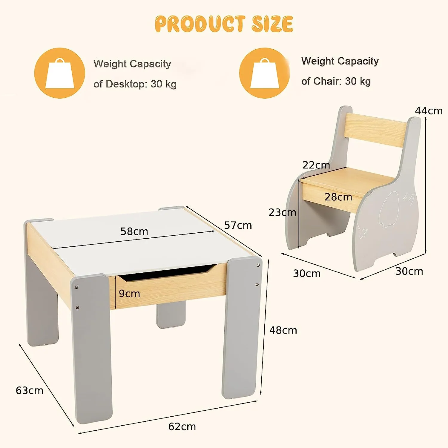 Multifunctional Elephant Kids Table and 2 Chairs Set | Reversible Blackboard Tabletop | Storage