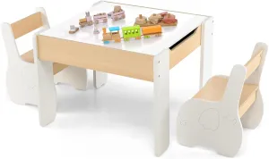 Multifunctional Elephant Kids Table and 2 Chairs Set | Reversible Blackboard Tabletop | Storage