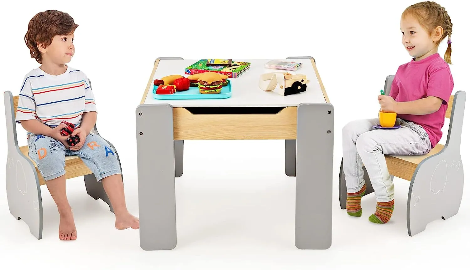 Multifunctional Elephant Kids Table and 2 Chairs Set | Reversible Blackboard Tabletop | Storage