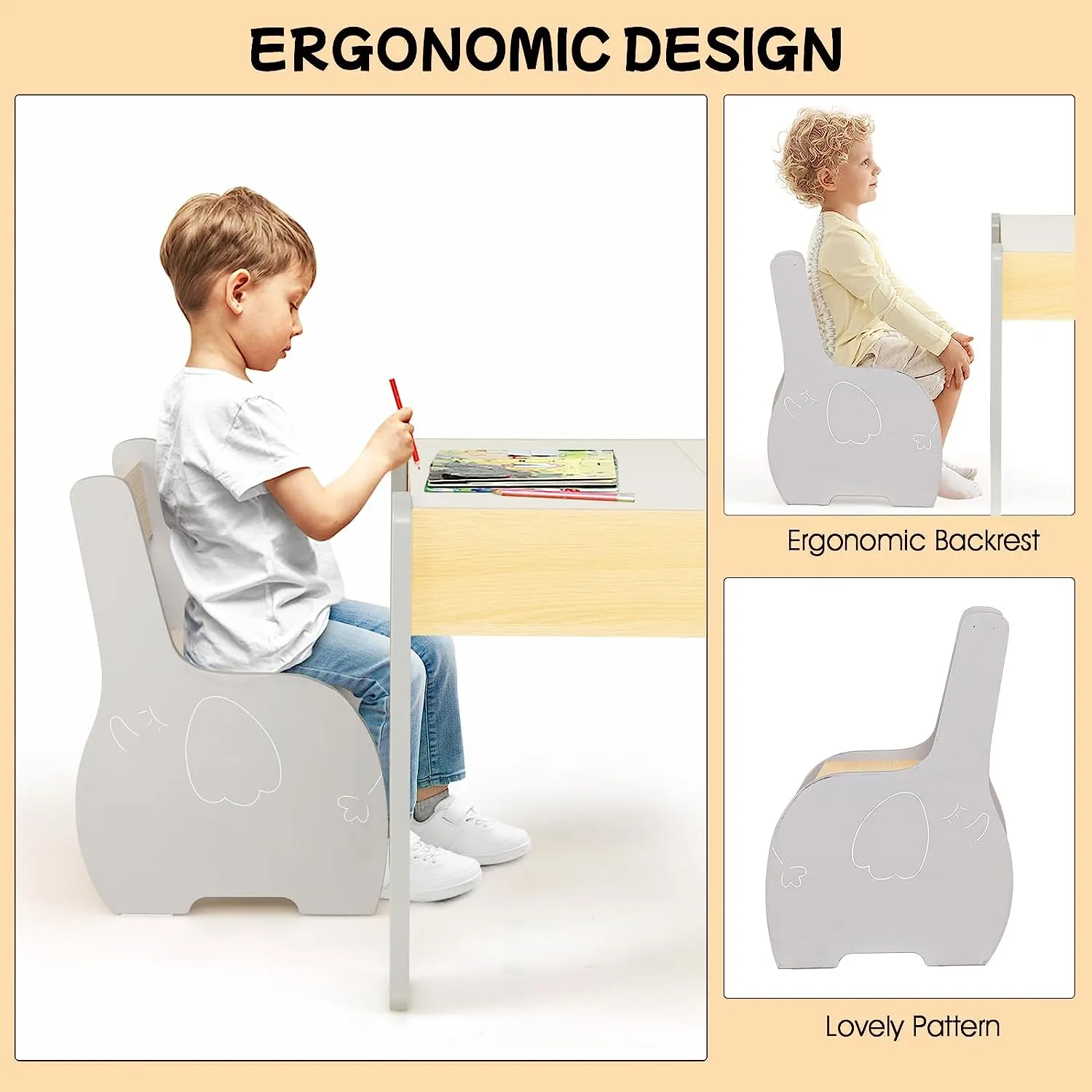 Multifunctional Elephant Kids Table and 2 Chairs Set | Reversible Blackboard Tabletop | Storage