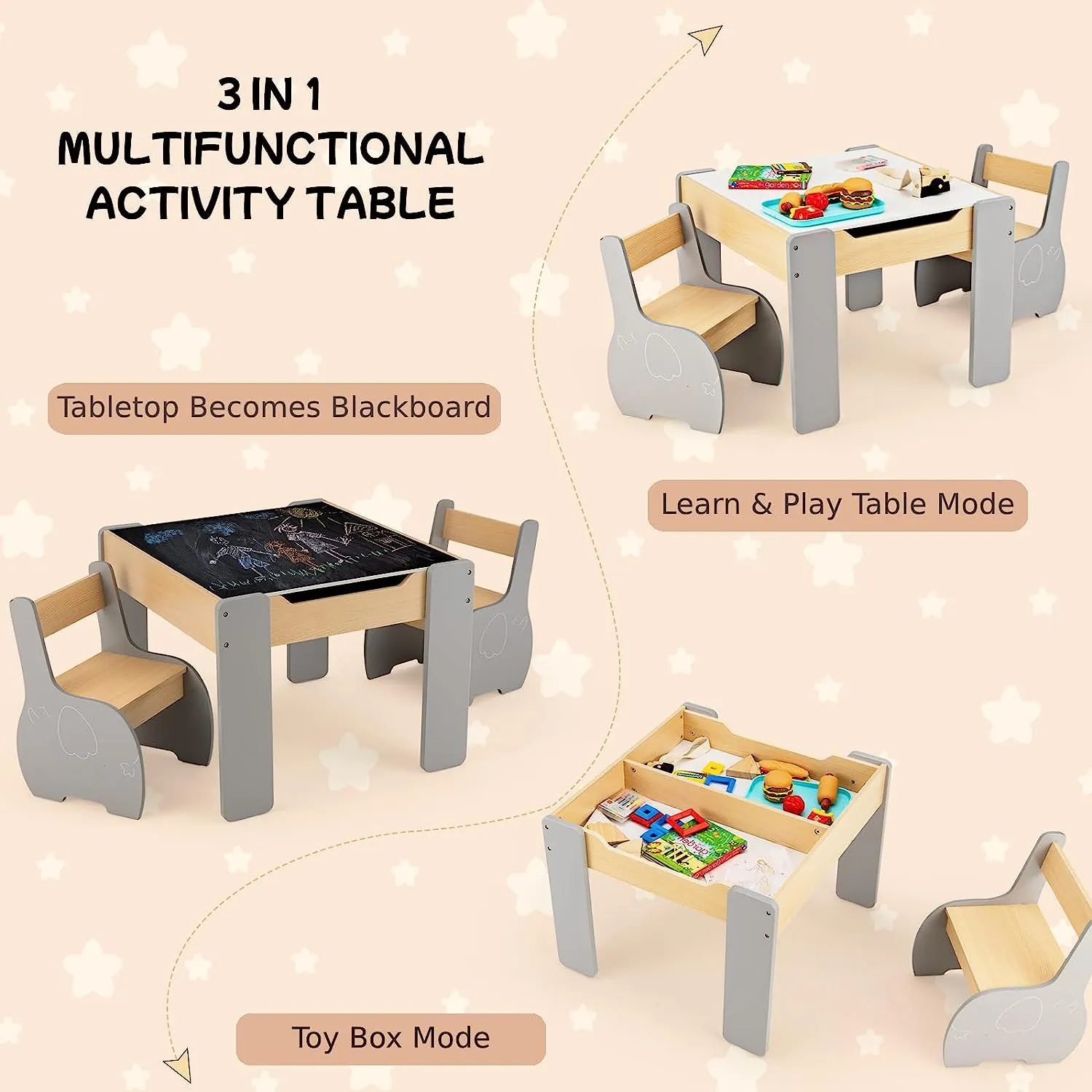 Multifunctional Elephant Kids Table and 2 Chairs Set | Reversible Blackboard Tabletop | Storage