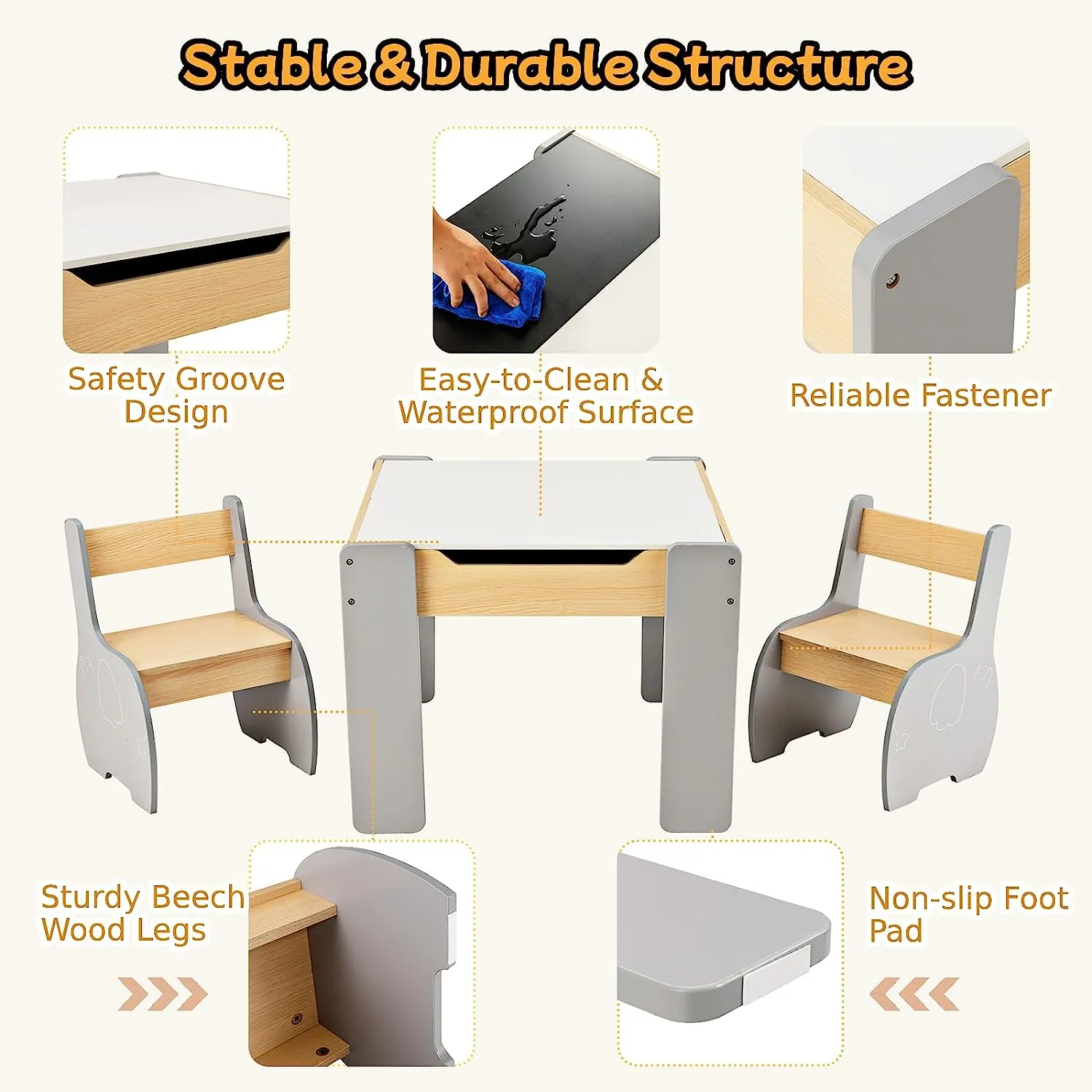 Multifunctional Elephant Kids Table and 2 Chairs Set | Reversible Blackboard Tabletop | Storage