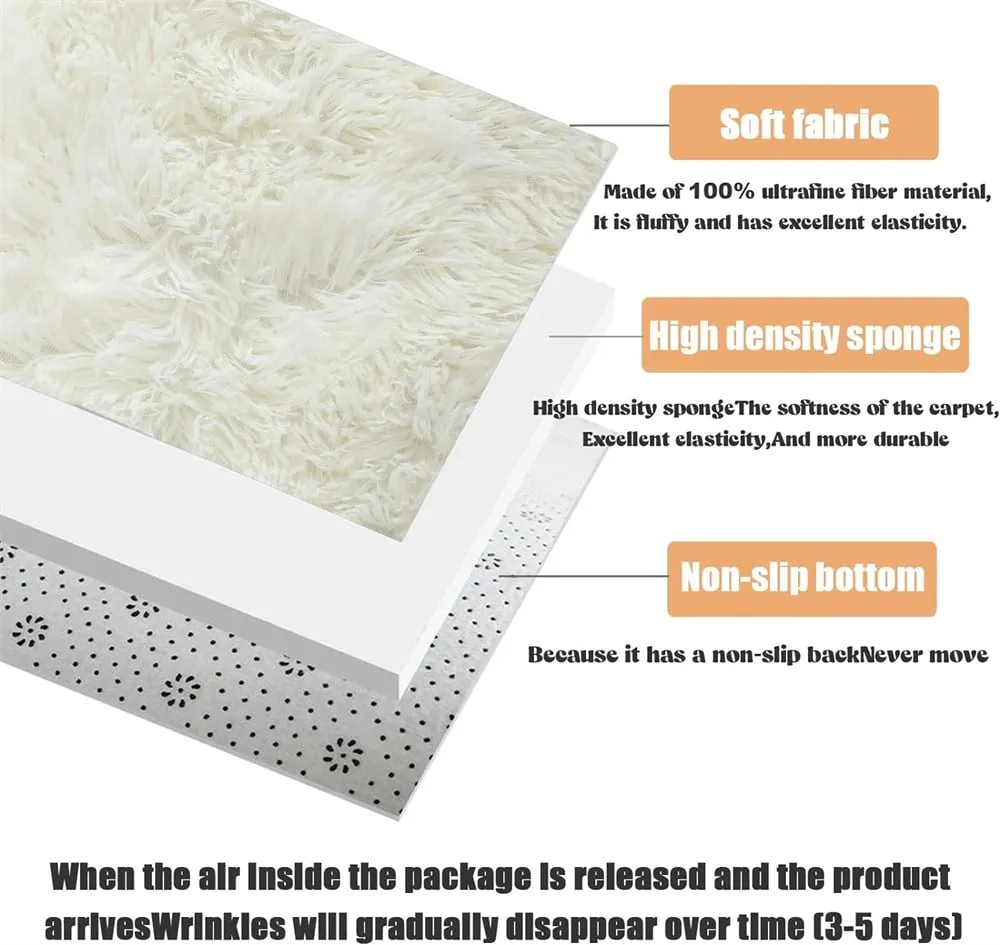 NEW, 8 ft x 10 ft, Soft Shaggy Comfy & Fluffy Area Rugs, White, Non skid backing!