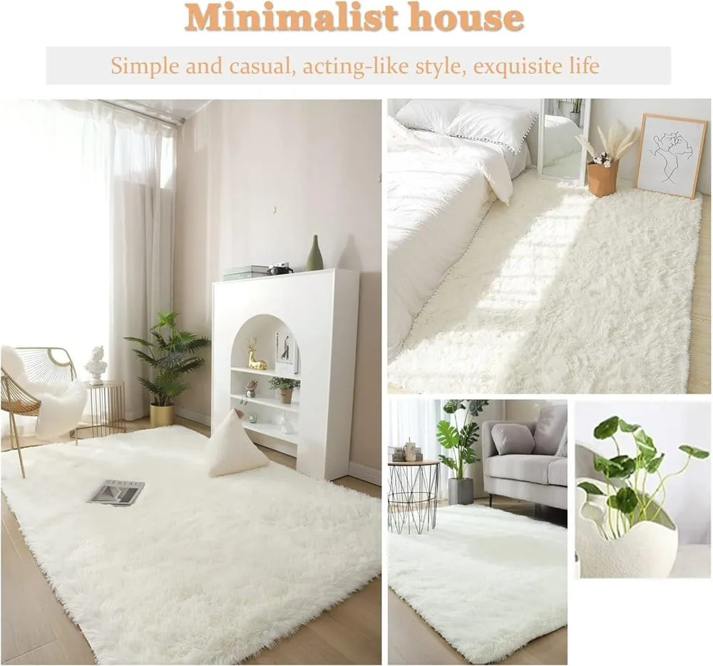 NEW, 8 ft x 10 ft, Soft Shaggy Comfy & Fluffy Area Rugs, White, Non skid backing!