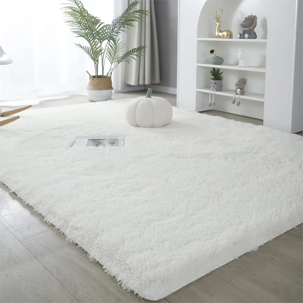 NEW, 8 ft x 10 ft, Soft Shaggy Comfy & Fluffy Area Rugs, White, Non skid backing!
