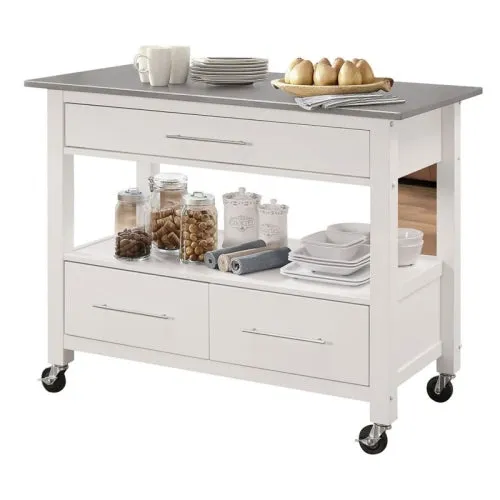 New Assembled ACME Ottawa Stainless Steel Top Kitchen Island in White! Has small ding on stainless front right corner from transport & small scratches on top! Retails $635  ON SALE!