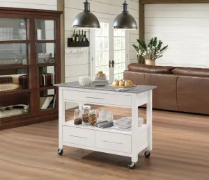 New Assembled ACME Ottawa Stainless Steel Top Kitchen Island in White! Has small ding on stainless front right corner from transport & small scratches on top! Retails $635  ON SALE!