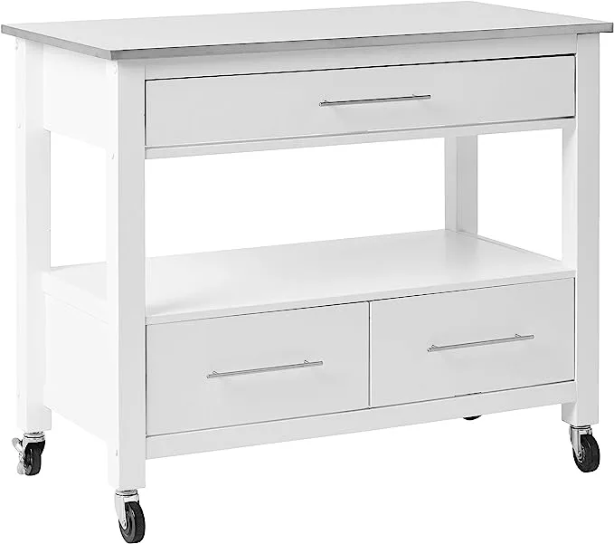 New Assembled ACME Ottawa Stainless Steel Top Kitchen Island in White! Has small ding on stainless front right corner from transport & small scratches on top! Retails $635  ON SALE!