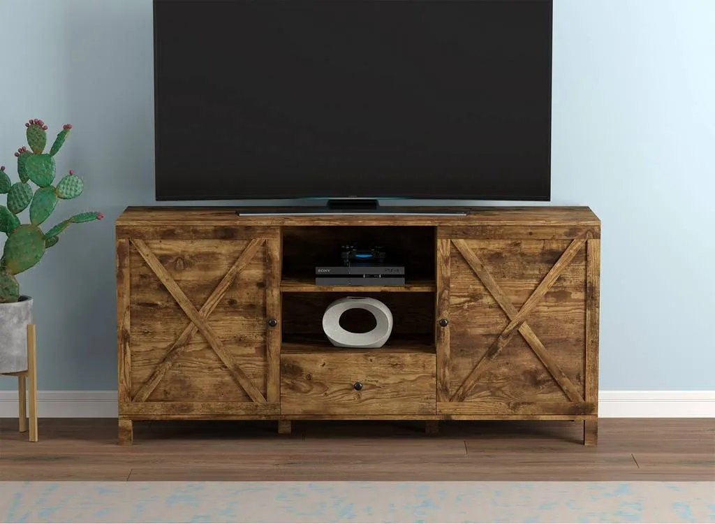New in box! Modern Farmhouse inspired TV Stand-58"Long/Brown Reclaimed Wood with 4 Shelves and 1 Drawer for Living Room - Safdie & Co