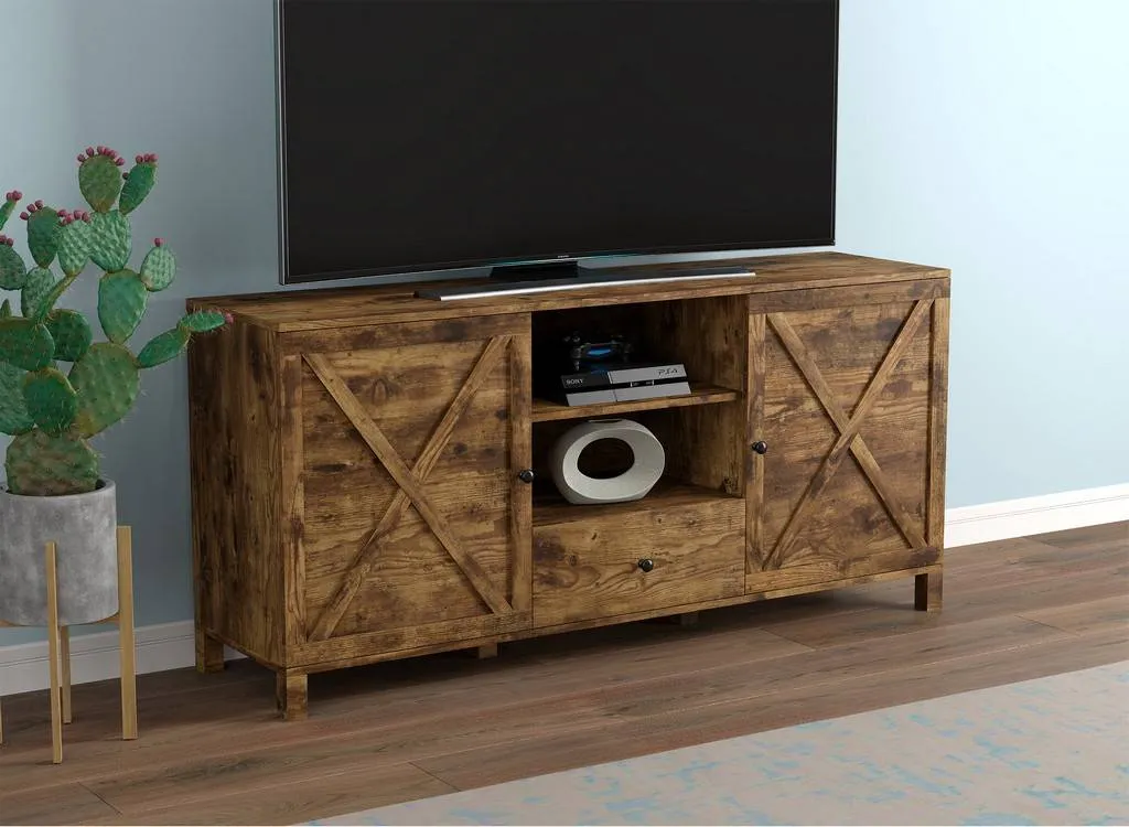 New in box! Modern Farmhouse inspired TV Stand-58"Long/Brown Reclaimed Wood with 4 Shelves and 1 Drawer for Living Room - Safdie & Co