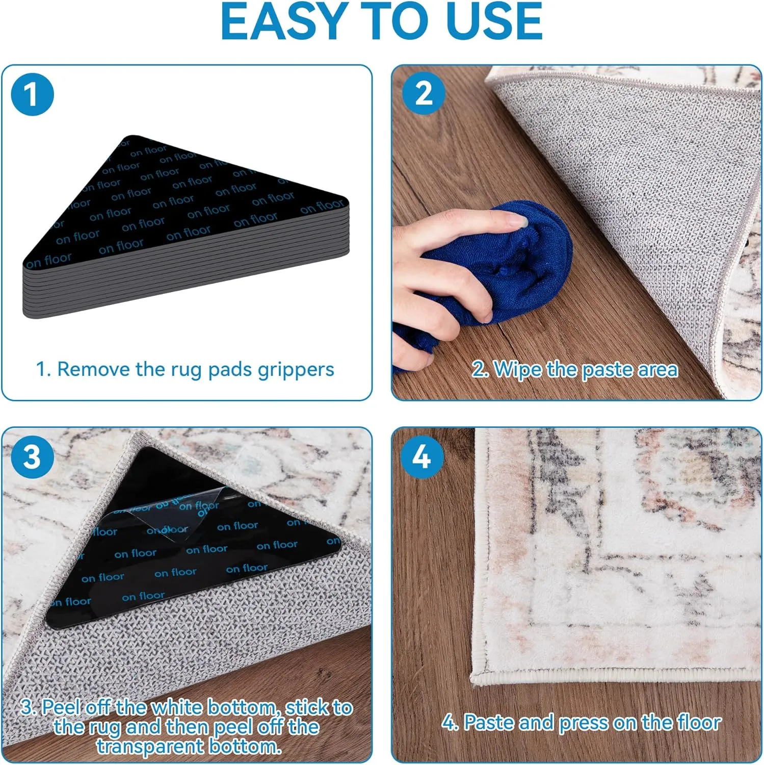 NEW Mcadore 4 Pack Rug Gripper Pads, Reusable and Washable Rug Gripper for Area Rugs