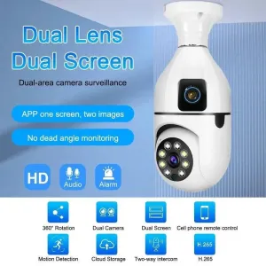 NEW V380 1080P WIFI Dual Lens Bulb Camera Wireless PTZ IP Camera Video Night Vision Two Way Audio Indoor Network Video Surveillance (Memory Card not Included)