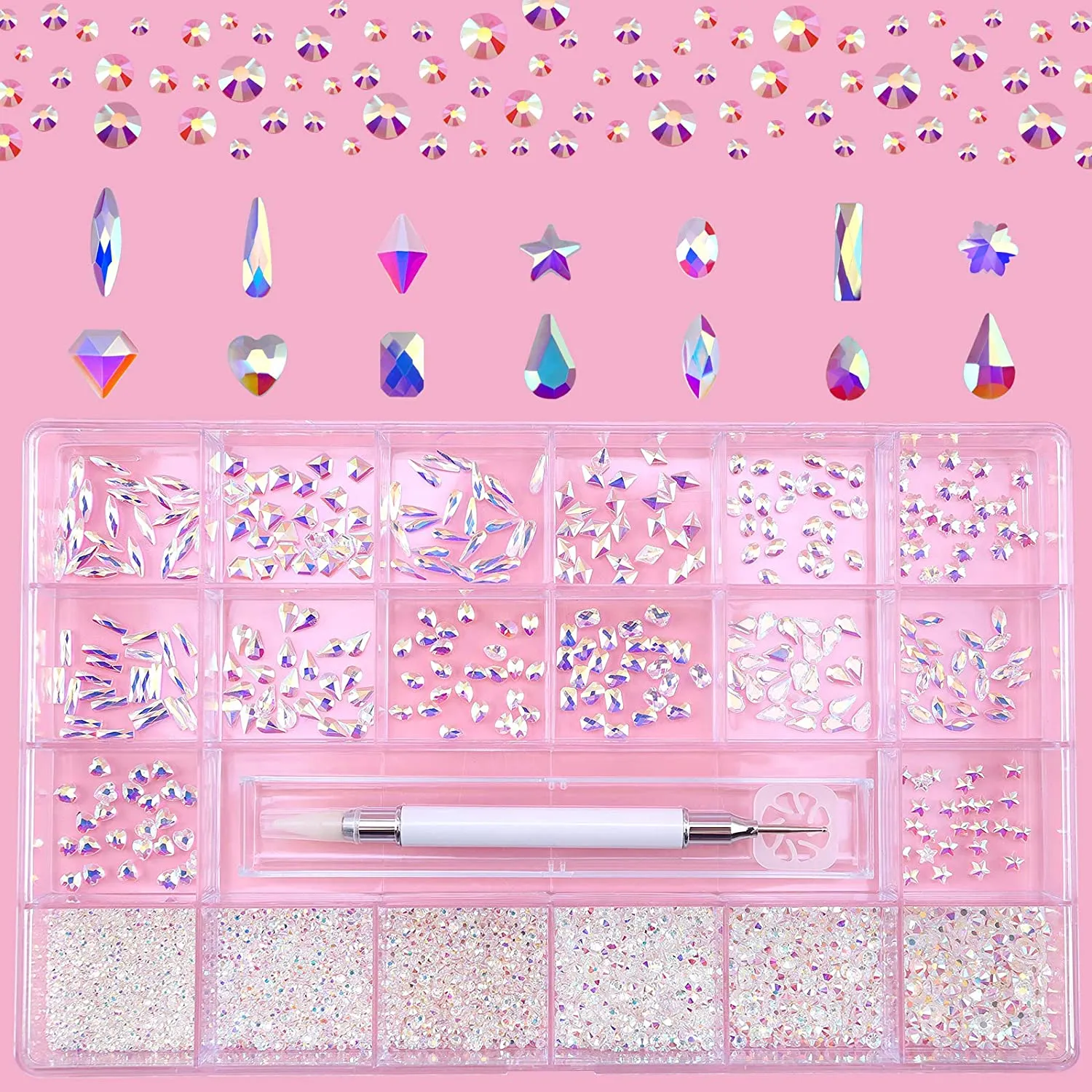 Nibiru Nail Rhinestones Kit, 3830pcs Multi Shapes Glass Crystal AB Rhinestones for Nail Decoration Mix Size Flatback Nail Jewels with Professional Wax Pen, Packaged in Diamond Storage Box (crystal ab)