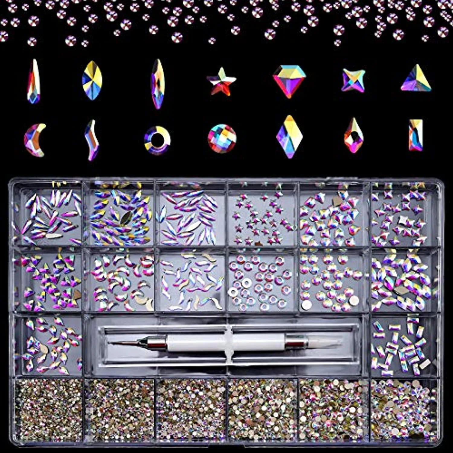 Nibiru Nail Rhinestones Kit, 3830pcs Multi Shapes Glass Crystal AB Rhinestones for Nail Decoration Mix Size Flatback Nail Jewels with Professional Wax Pen, Packaged in Diamond Storage Box (crystal ab)