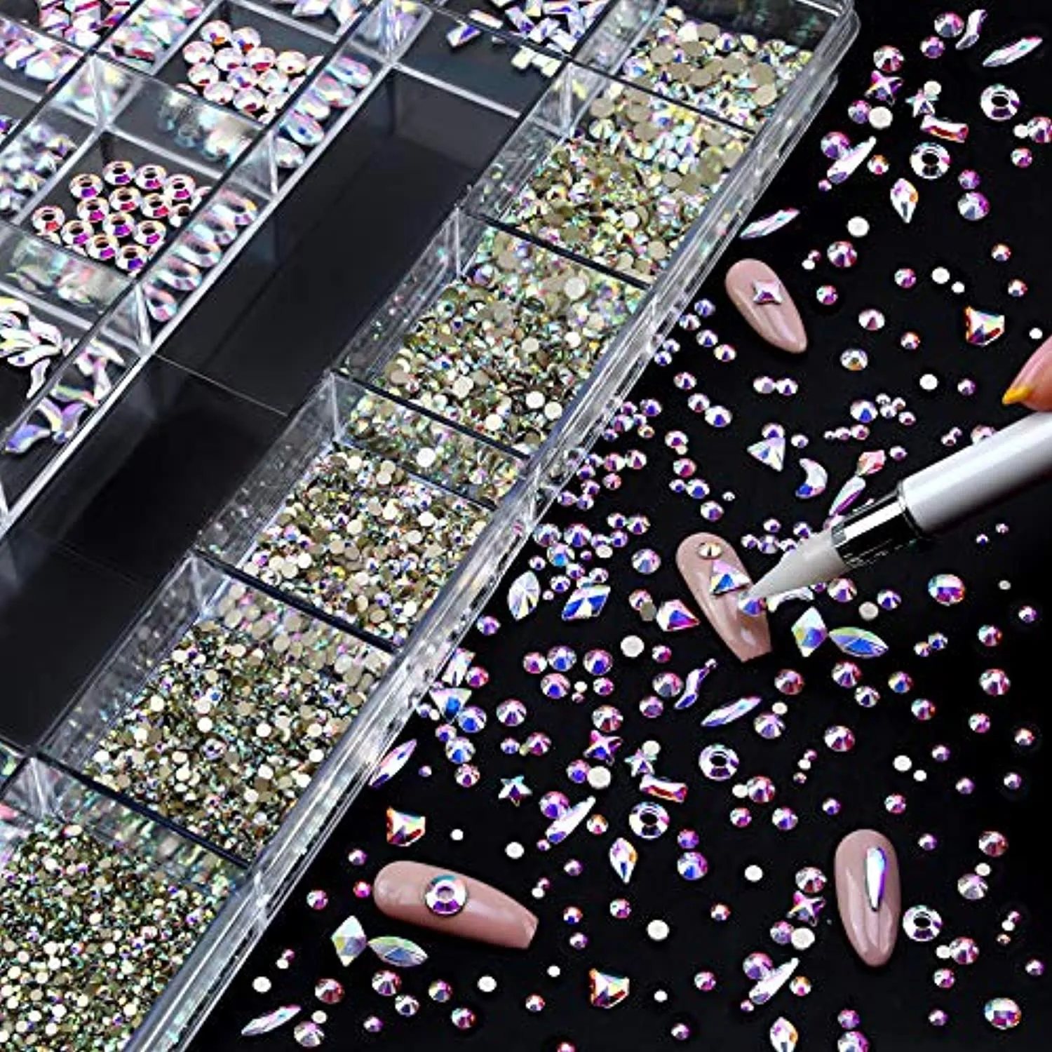 Nibiru Nail Rhinestones Kit, 3830pcs Multi Shapes Glass Crystal AB Rhinestones for Nail Decoration Mix Size Flatback Nail Jewels with Professional Wax Pen, Packaged in Diamond Storage Box (crystal ab)