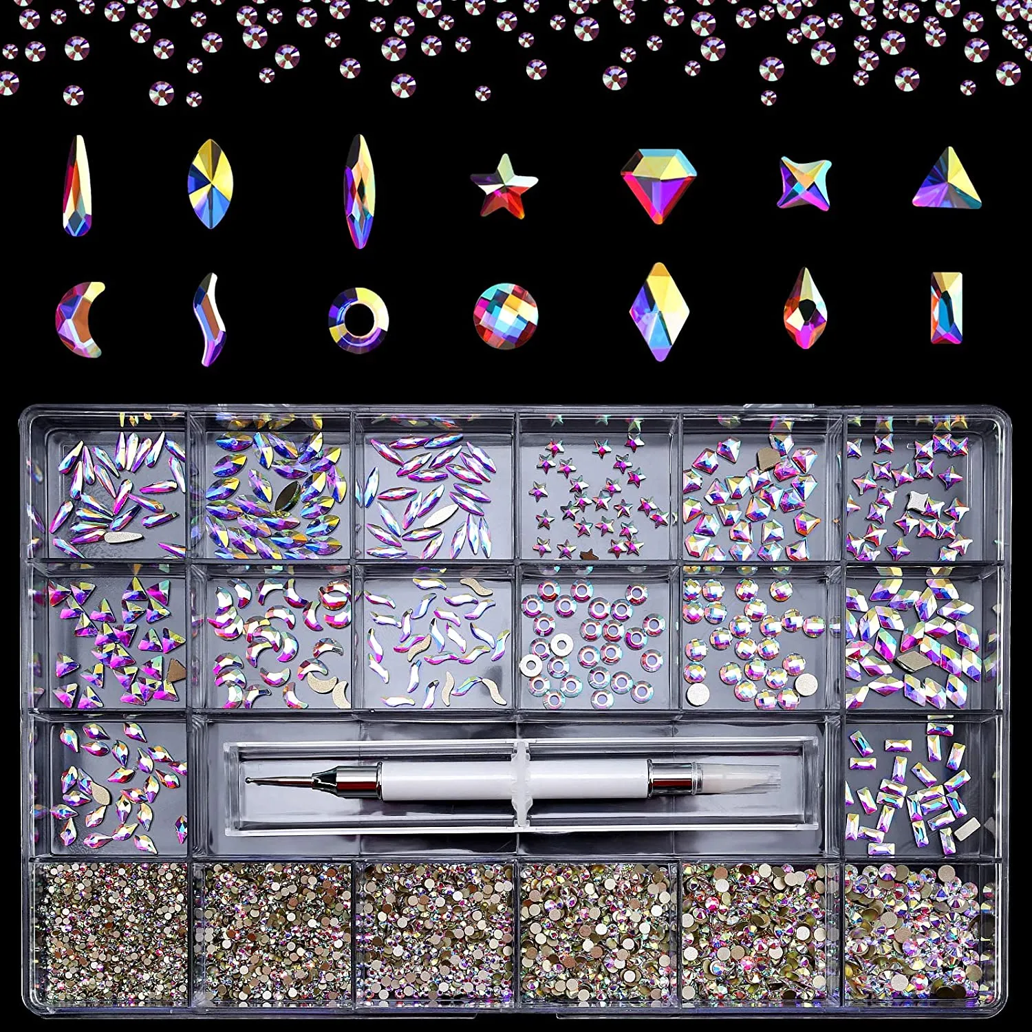 Nibiru Nail Rhinestones Kit, 3830pcs Multi Shapes Glass Crystal AB Rhinestones for Nail Decoration Mix Size Flatback Nail Jewels with Professional Wax Pen, Packaged in Diamond Storage Box (crystal ab)