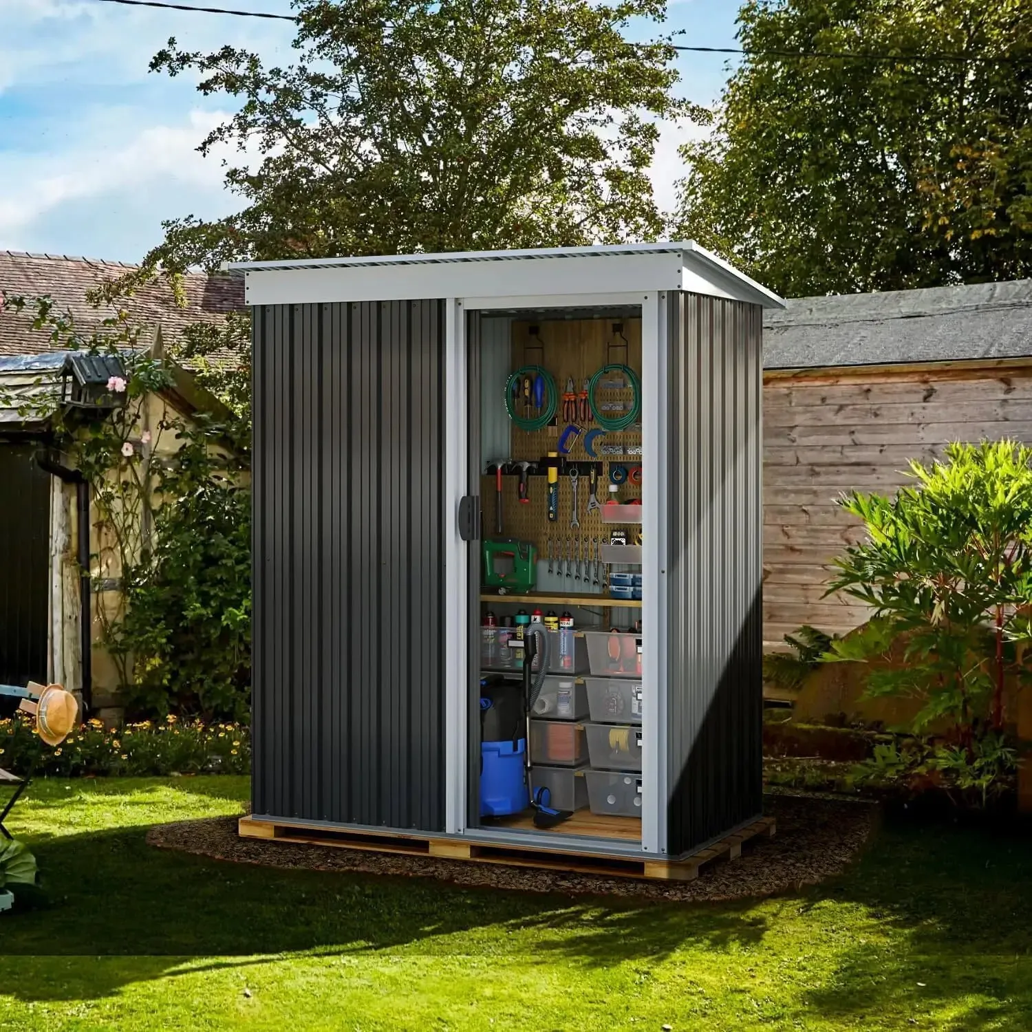 Outdoor Storage Shed, 8.1 x 5.3 FT, Garbage Can,Outdoor Metal Shed for Tool,Garden,Bike, Brown(Floor Frame)