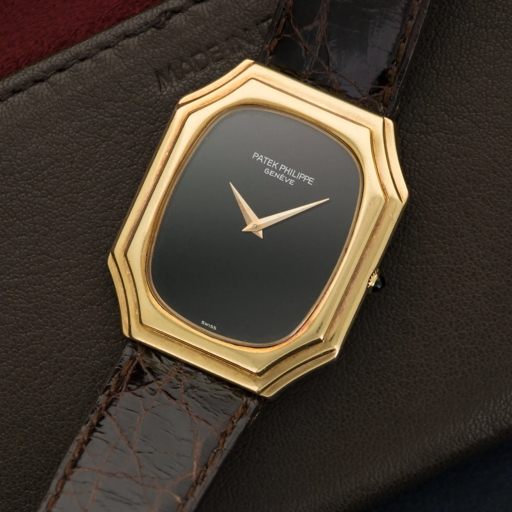 Patek Philippe Yellow Gold Onyx Dial Strap Watch Ref. 3729