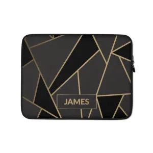 Personalized Laptop Sleeve in Luxe Black & Gold Geometric with Faux Fur Lining