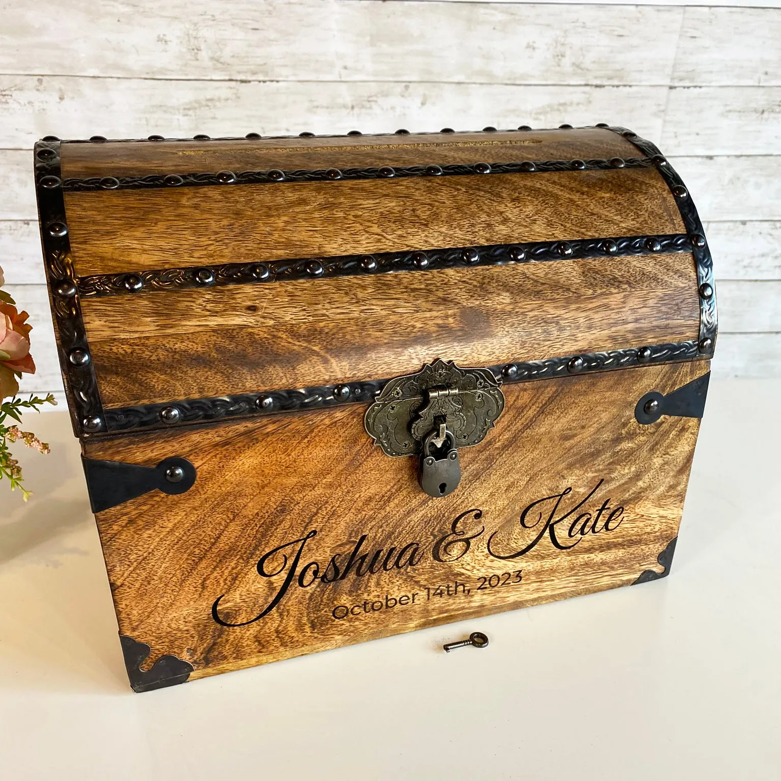Personalized Wedding Treasure Chest with Card Slot with Antique Mini Lock and Keys