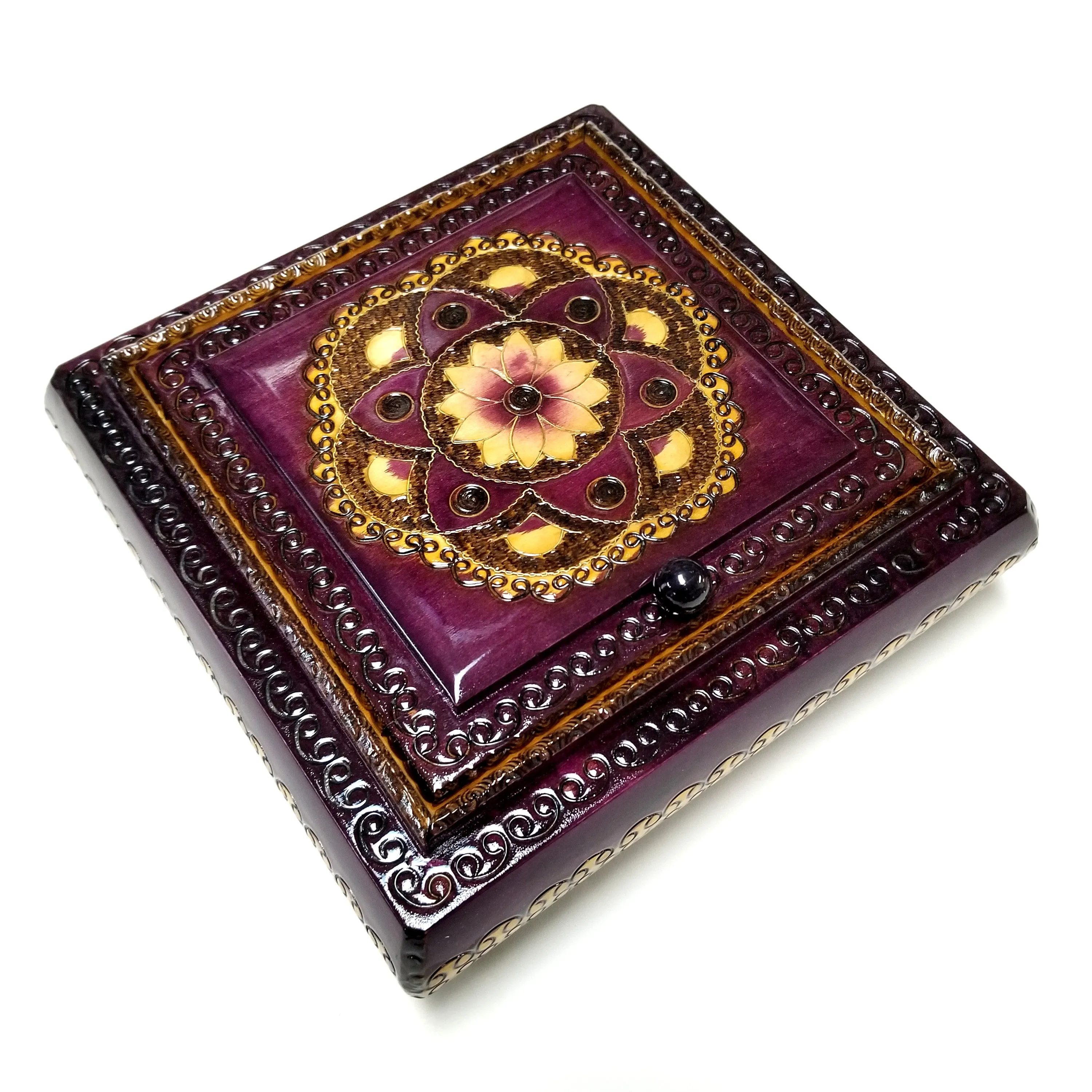 Polish Floral Rosette Wooden Jewelry Box with Mirror, Brass Inlays and Compartments, 8.5"x 8.5"