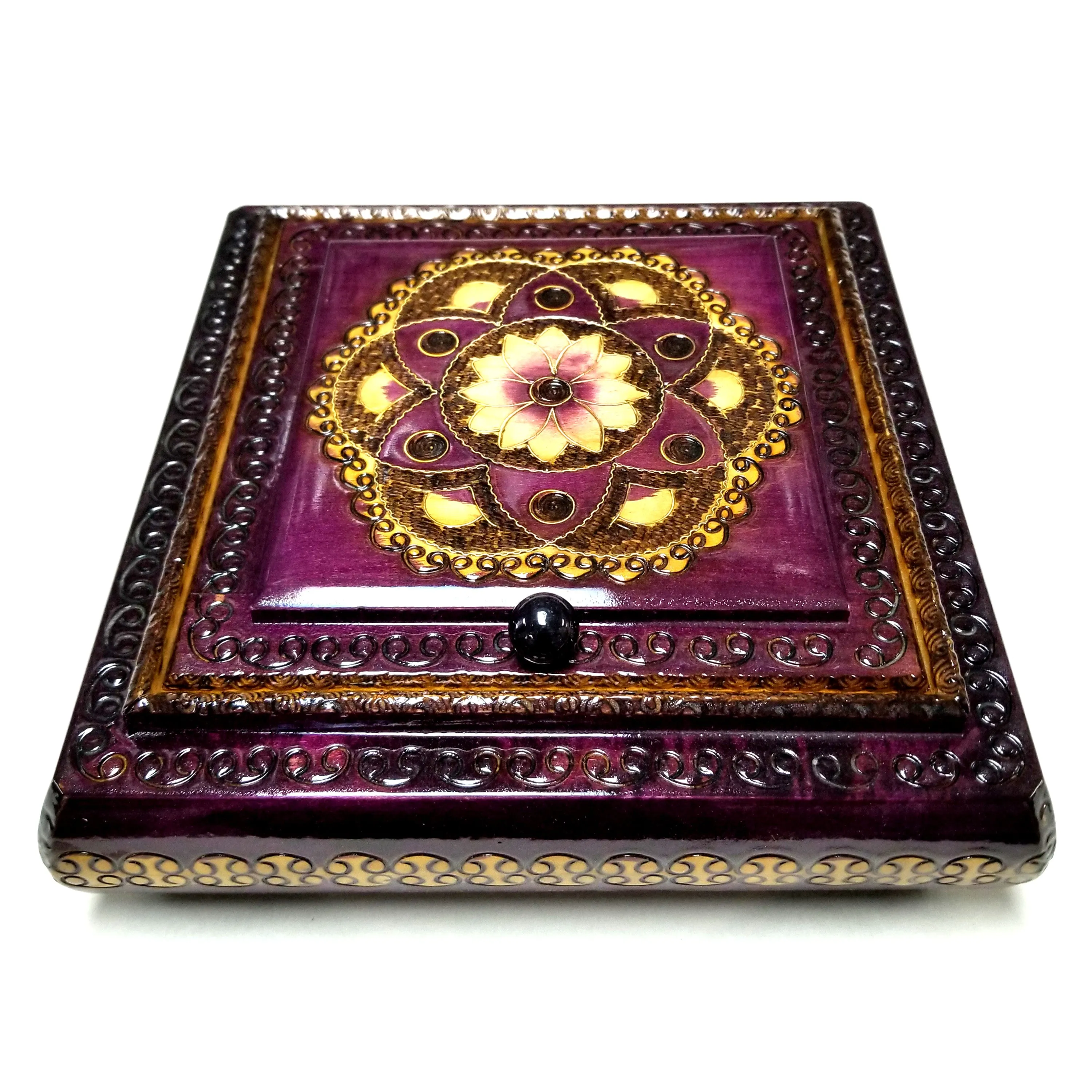 Polish Floral Rosette Wooden Jewelry Box with Mirror, Brass Inlays and Compartments, 8.5"x 8.5"