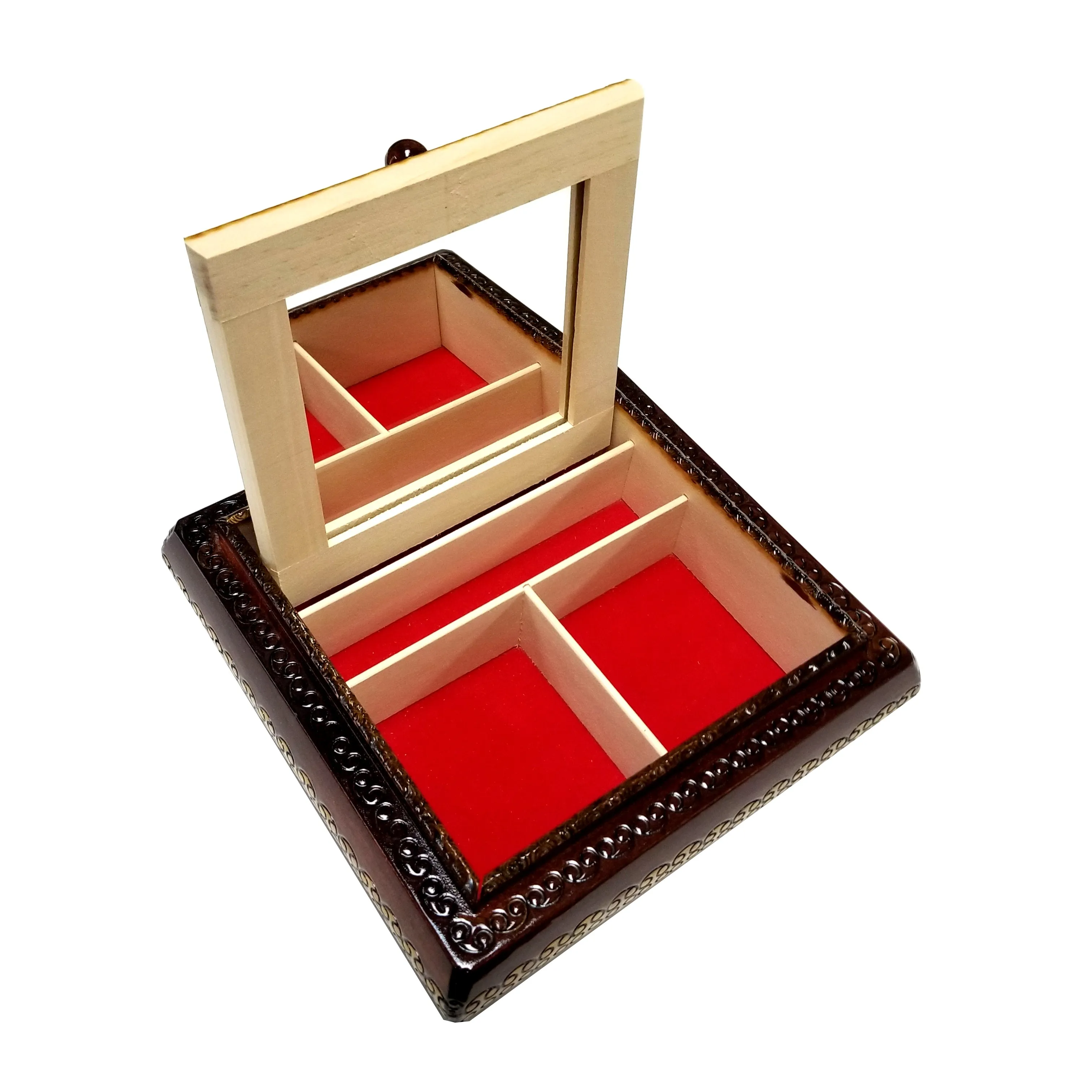 Polish Floral Rosette Wooden Jewelry Box with Mirror, Brass Inlays and Compartments, 8.5"x 8.5"