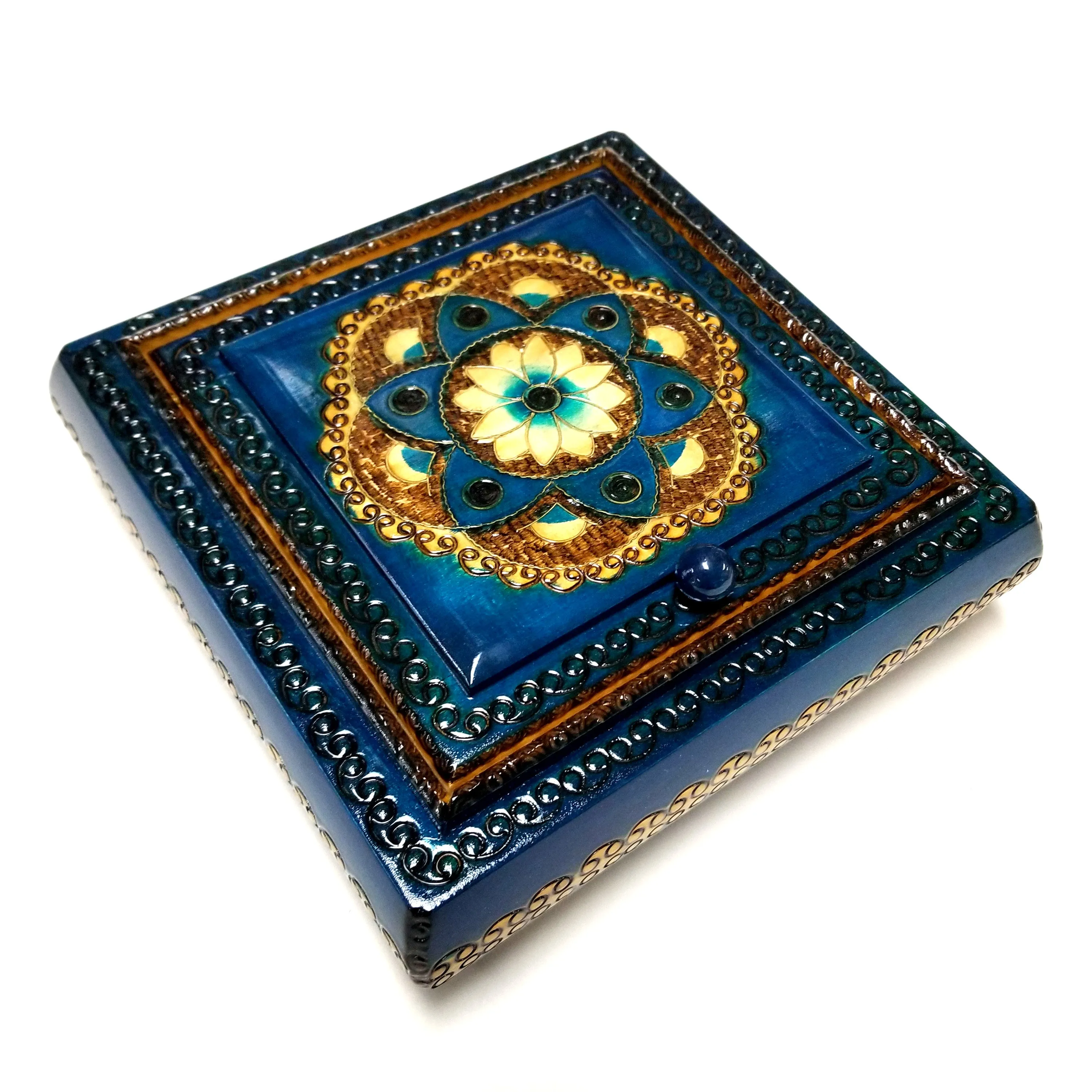 Polish Floral Rosette Wooden Jewelry Box with Mirror, Brass Inlays and Compartments, 8.5"x 8.5"