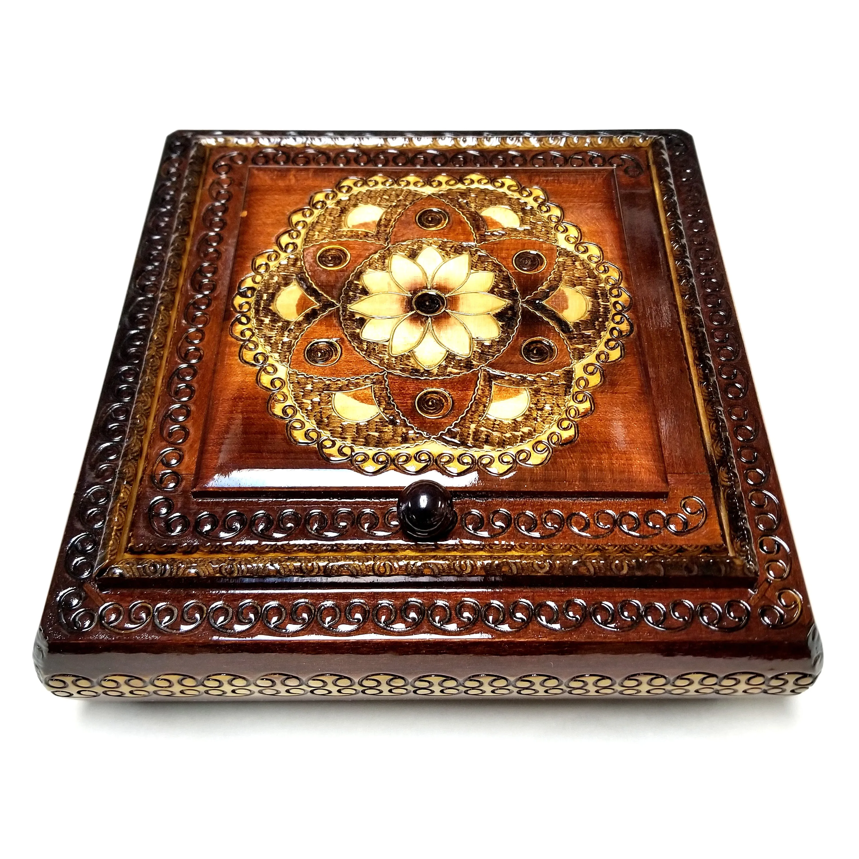 Polish Floral Rosette Wooden Jewelry Box with Mirror, Brass Inlays and Compartments, 8.5"x 8.5"