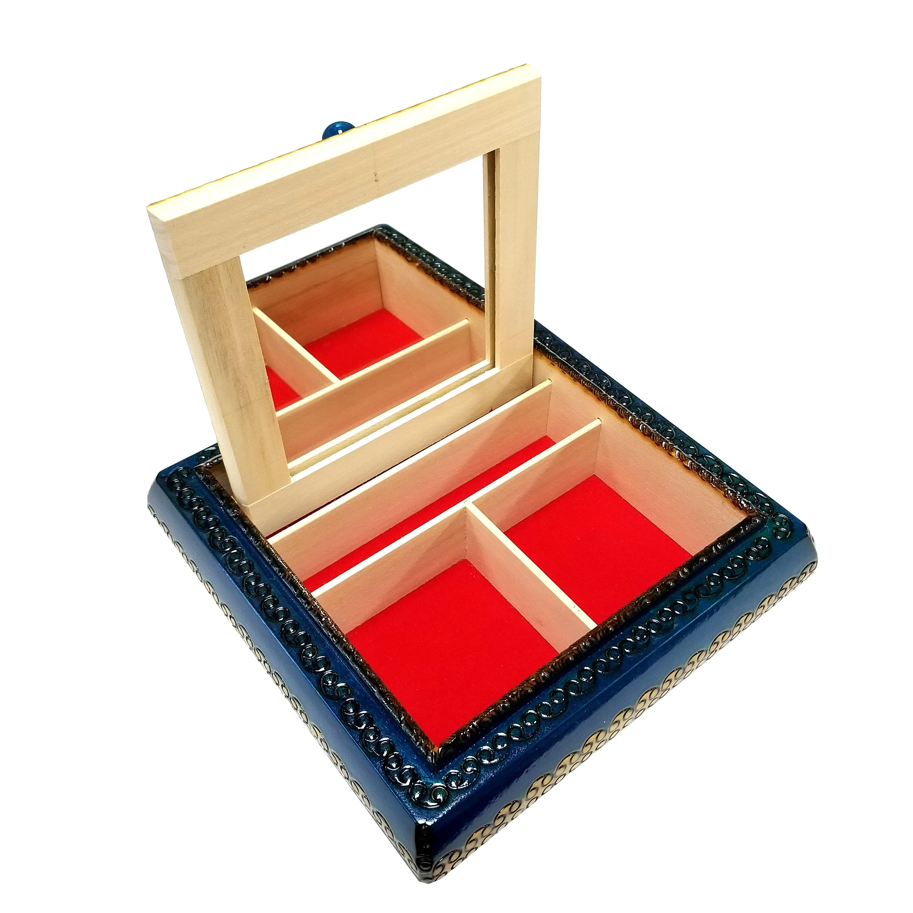 Polish Floral Rosette Wooden Jewelry Box with Mirror, Brass Inlays and Compartments, 8.5"x 8.5"