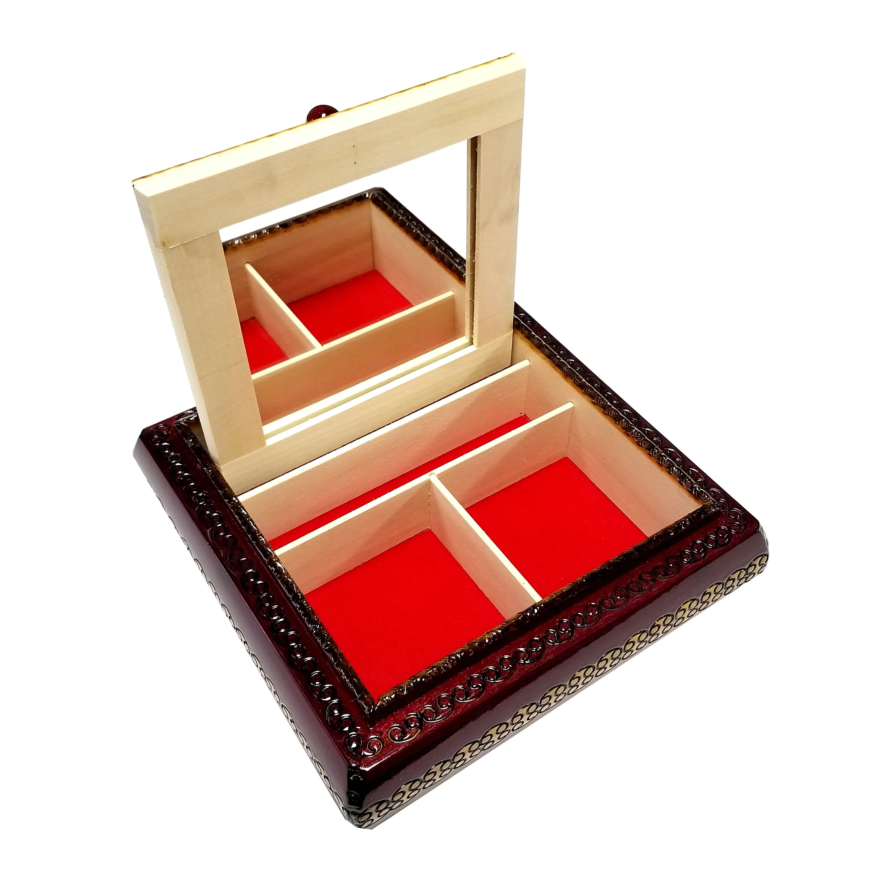 Polish Floral Rosette Wooden Jewelry Box with Mirror, Brass Inlays and Compartments, 8.5"x 8.5"